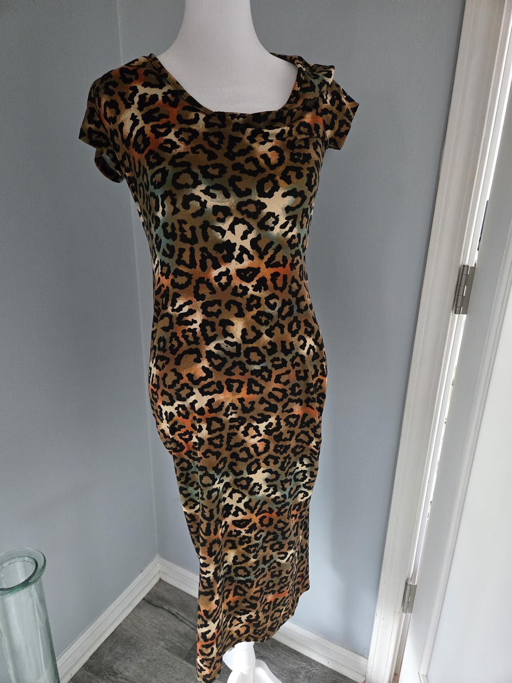 Love Leopard-Print Midi Dress in Tan, Black & Orange